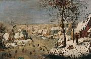 Pieter Brueghel the Younger Winter landscape with ice skaters and a bird trap. oil painting